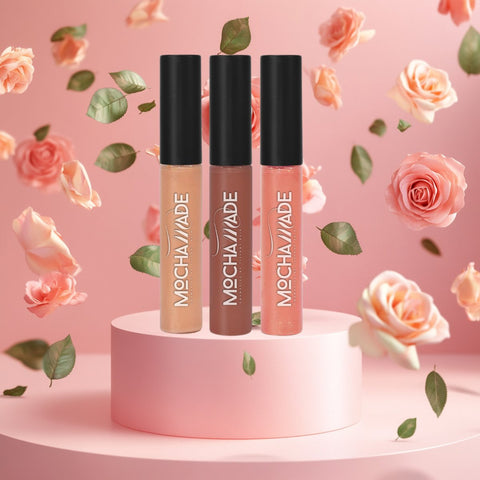 Universally nude lipgloss shades ranging from sheer glosses with holographic and shimmer undertones to opaque pinky nudes and chocolate colors that compliment all skin tones