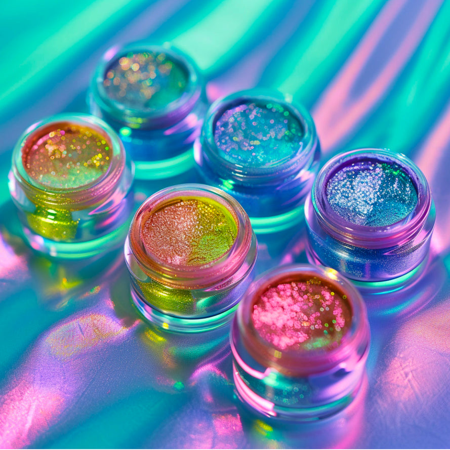 A bright gold pearlescent multi chrome greenish blue teal pearlescent color shifting loose pigment multi chrome color shifting pigment silver holographic multidimensional loose eye pigment sparkling rainbow 