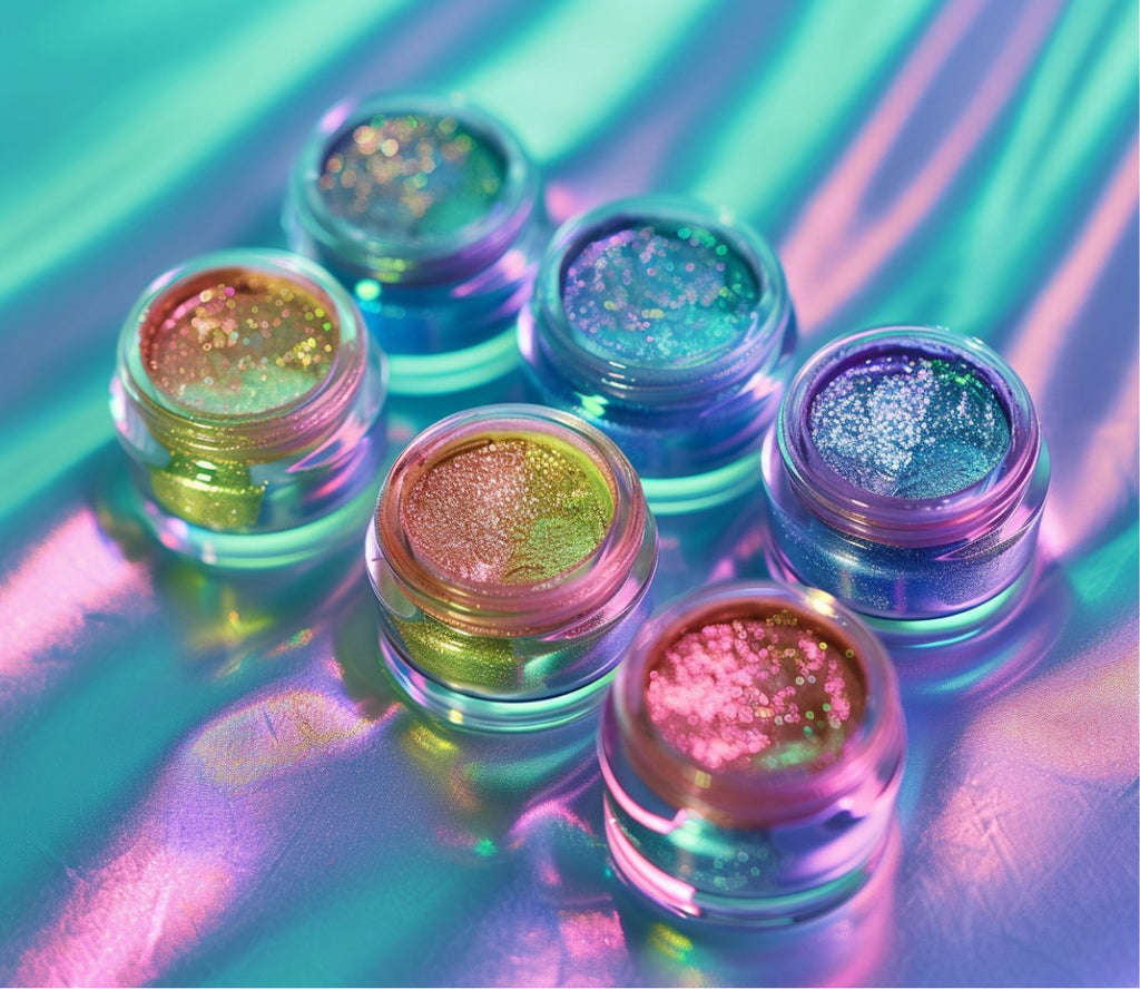 A bright gold pearlescent multi chrome greenish blue teal pearlescent color shifting loose pigment multi chrome color shifting pigment silver holographic multidimensional loose eye pigment sparkling rainbow 
