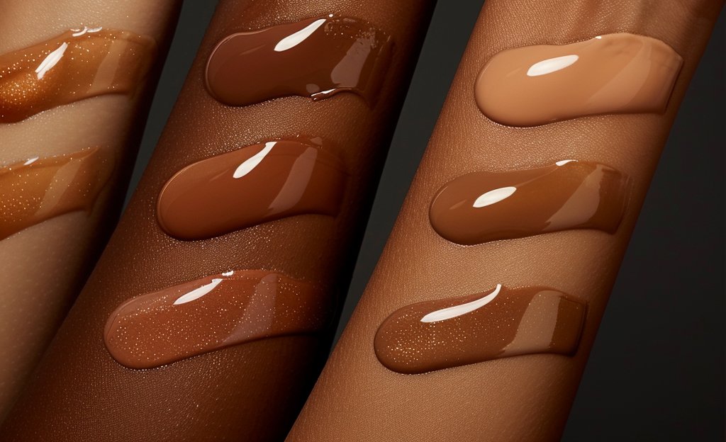 Universally nude lipgloss shades ranging from sheer glosses with holographic and shimmer undertones to opaque pinky nudes and chocolate colors that compliment all skin tones