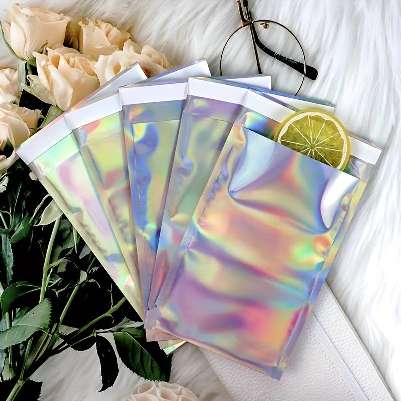 100 piece Laser Self adhesive Bag Double sided Opaque Laser Bag Holographic Magic Color Bag Express Packaging Bag Envelope Mail Bag Shading Bag Beauty Makeup Digital Product Plastic Bag Snack Bag