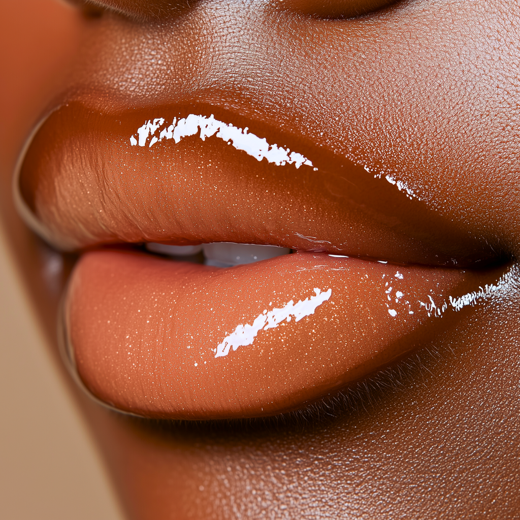  a high shine caramel nude lip gloss with warm beige undertone creamy slightly opaque finish with fine gold shimmer