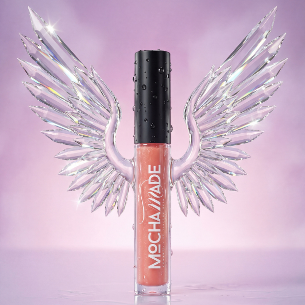 Mocha Make lip gloss in a clear tube showing a peachy pink color, topped with a black cap, set against a sparkling purple background with a stylized clear wing graphic behind it.