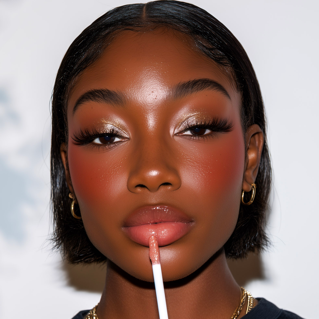 Close-up of a model with dark hair and warm-toned makeup applying a glossy nude lip product with a wand applicator.