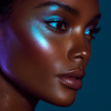 Close-up of a woman's face with dramatic blue and purple makeup lighting, showing shimmering eyeshadow, glossy lips, and a dark teal background.