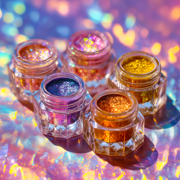 Five small jars of colorful glitter on a reflective, multicolored surface.