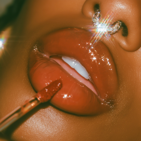 Close-up of glossy warm brown lips wearing a matching lip product, with a lip applicator touching the lower lip and a sparkling rhinestone nose ring visible against warm, high-contrast lighting.