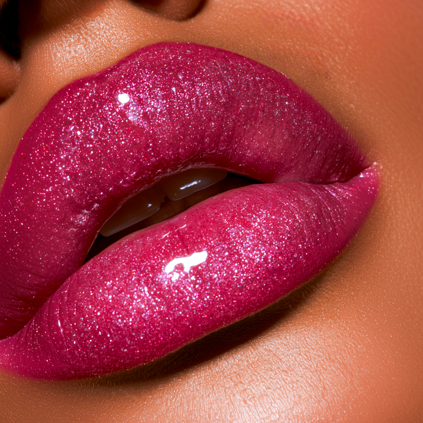 Extreme close-up of a person's lips wearing a highly glossy, sparkly magenta-pink lip gloss with fine glitter.