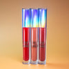 This lip bundle consists of a blue tone cherry red a cool cranberry burgundy and a nude mocha liquid lipstick non transfer velvety smooth smudge proof