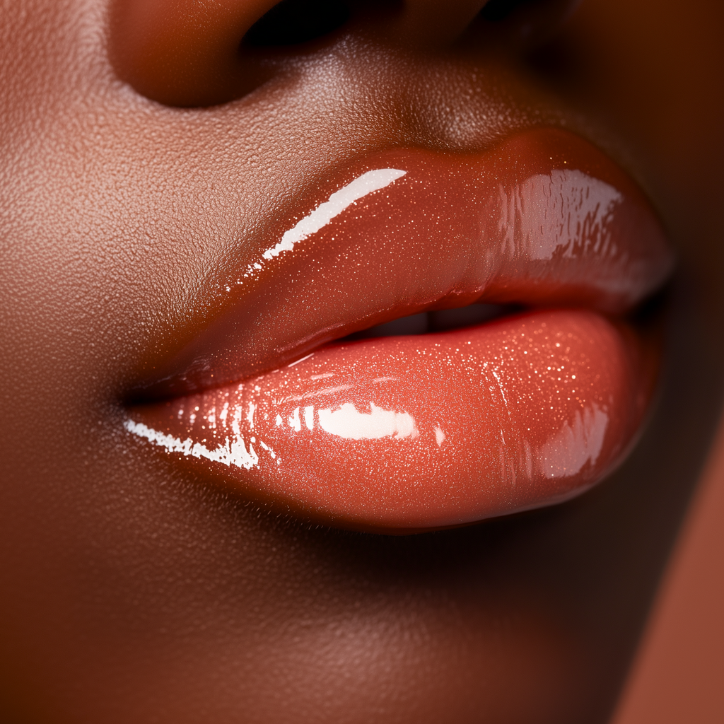 shimmery pinky nude lipgloss fine gold and silver micro shimmer glossy lips mauve nude gloss in a sleek black top tube for all skin types 