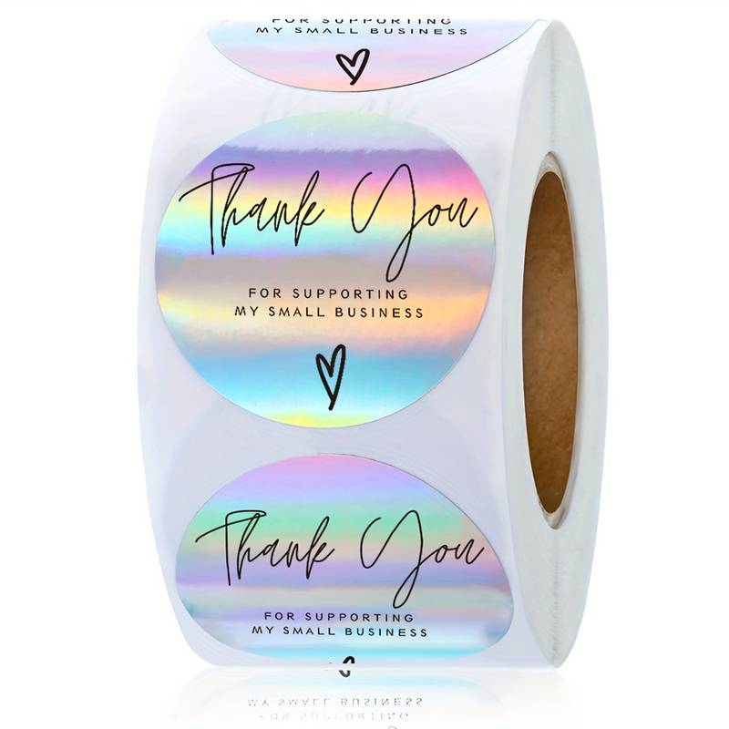 one inch round holographic Thank You for supporting my small business stickers with black text letters