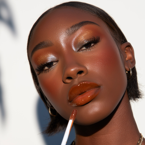 Close-up of a model with warm brown eyeshadow and glossy warm brown lips applying a matching lip product with a doe-foot applicator against a bright white background.