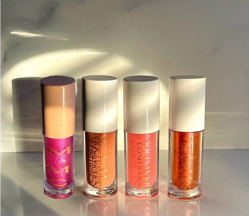 light pink ethereal gloss with shimmery holographic purple flecks Libra Vibes sheer Pink / Golden / Orange  Chameleon Color Shifting lipgloss Party Gal is pink sheer wash of glittering holographic fuchsia pink color Pink Me Nude is  opaque pinky nude gloss with a pinkish gold shimmer undertone